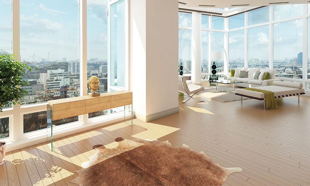 Wohnzimmer einrichten mit Stil - großes Wohnzimmer mit Massivholzkonsole FLAIR von DREIECK DESIGN