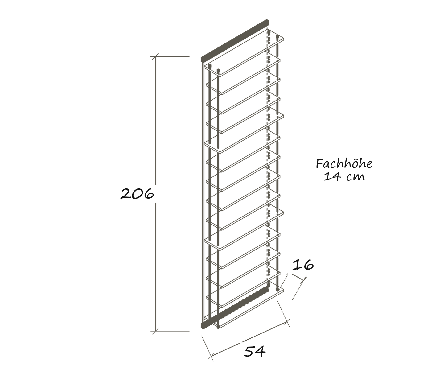 Isolated dimension drawing CD 624: 54 × 16 × 206 cm · Clear compartment height: 14 cm