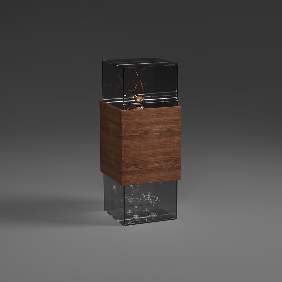 VICTUS Barvitrine mit Nussbaum, grauem Parsolglas und eingeschalteter Beleuchtung