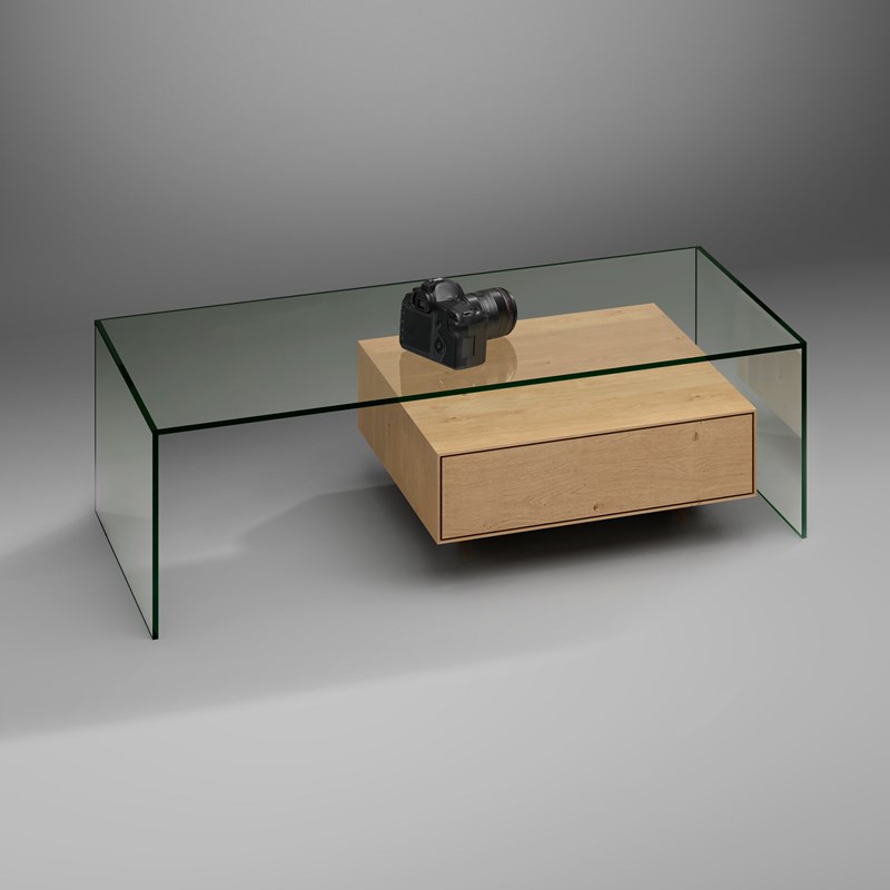FLY coffee table by DREIECK DESIGN - Floatglass - solid wood oak - front view