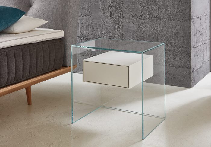 Nachttisch PURE FLY aus Glas mit Schublade