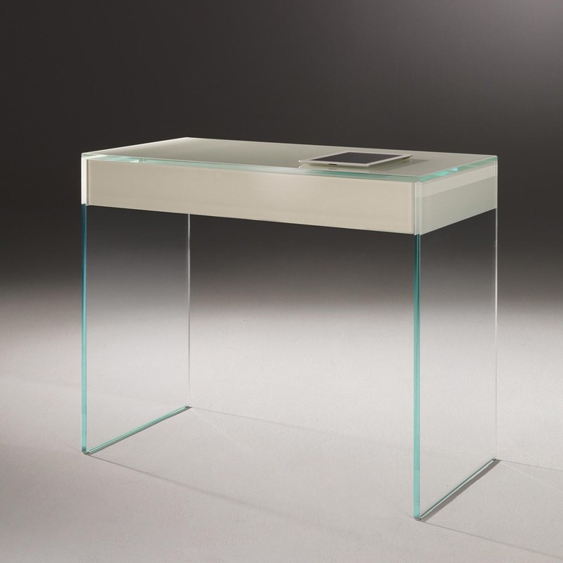 Designer-Glasschreibtisch mit Schublade JANUS TS von DREIECK DESIGN: OPTIWHITE partiell color perlweiss