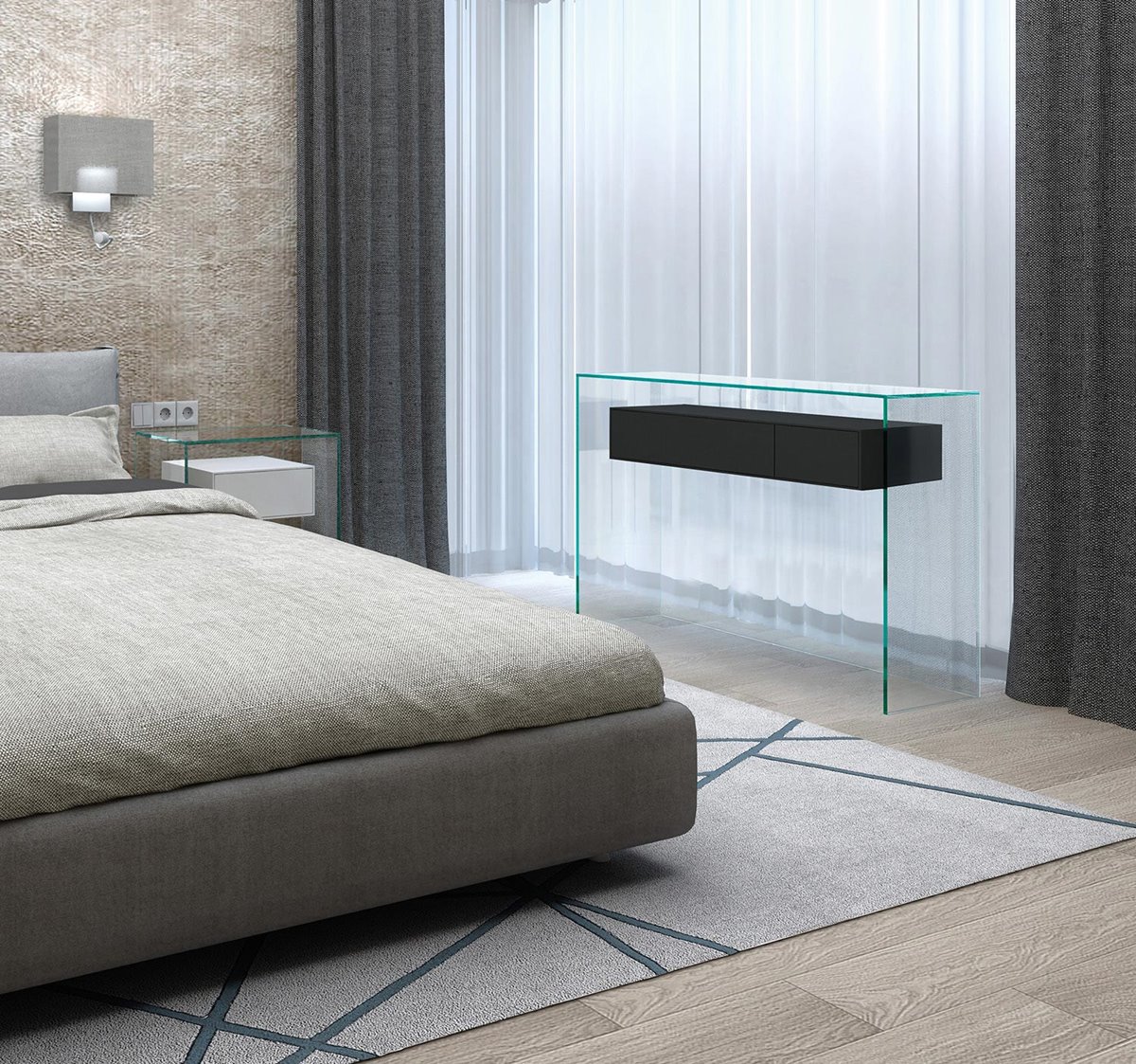 Glass console with drawers FLY 127 by DREIECK DESIGN - OPTIWHITE - drawer element MDF silk mat jetblack