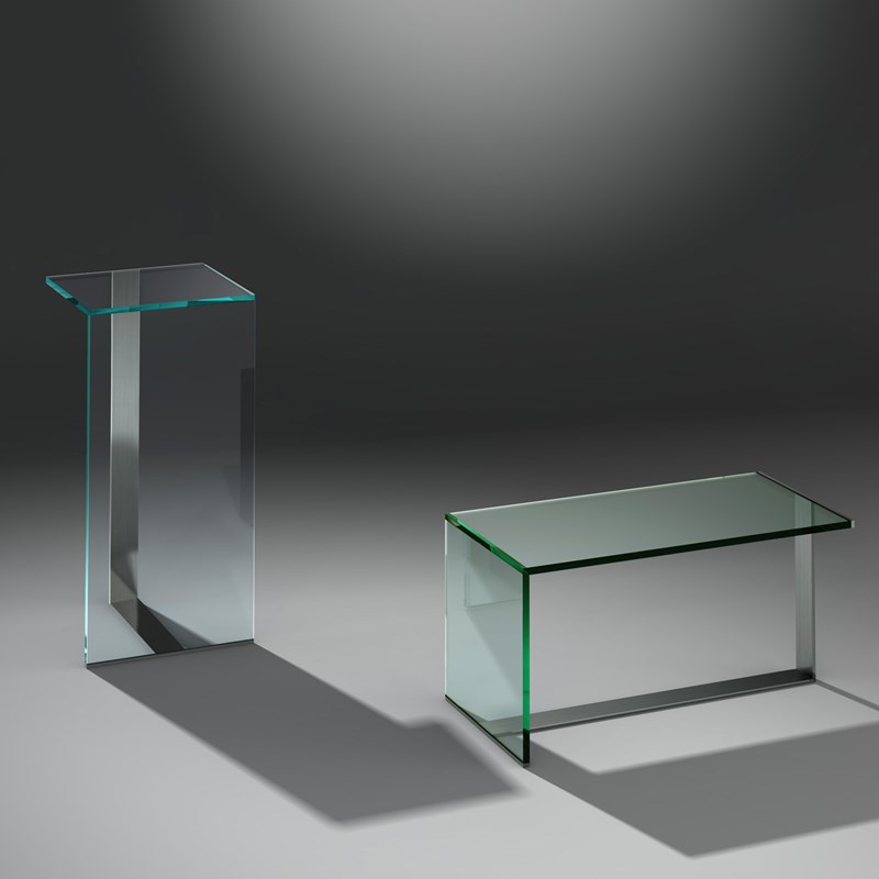 Glass coffee table DAVIS SOLO by DREIECK DESIGN: DAVIS SOLO 84 - Optiwhite clear and Floatglass clear - base stainless steel brushed
