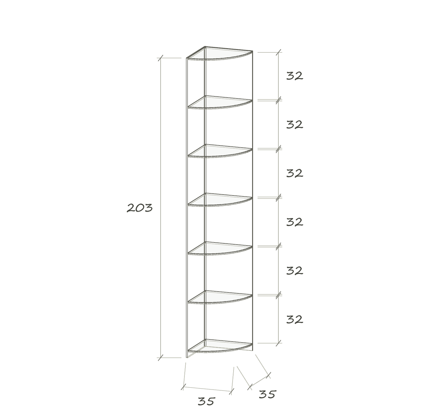 T V E · 35 × 35 × 203 cm · Viertelkreis · Eckregal · Maße in cm