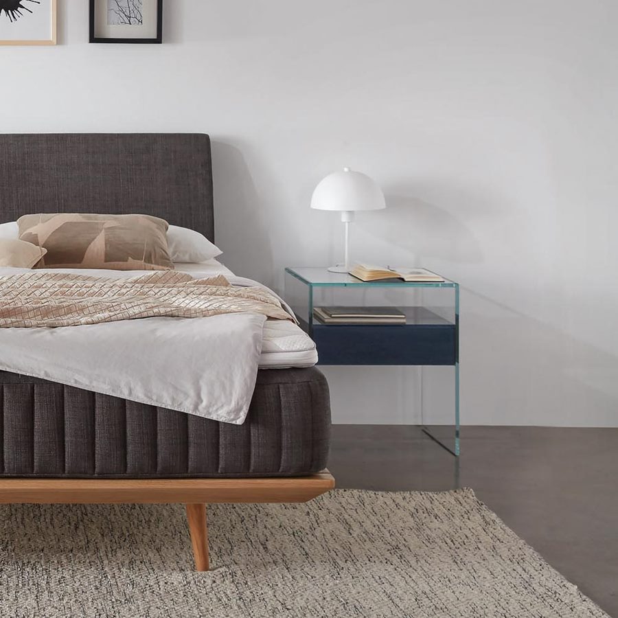 PURE glass nightstand with an anthracite grey lacquered drawer