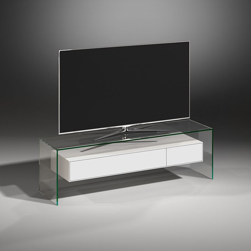 TV stand made of glass with a white drawer department - FLY 127 Floatglass - drawers MDF silk mat white lacquered