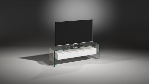 FLY TV-Möbel mit weißem Schubladenelement im transparenten Glaskorpus