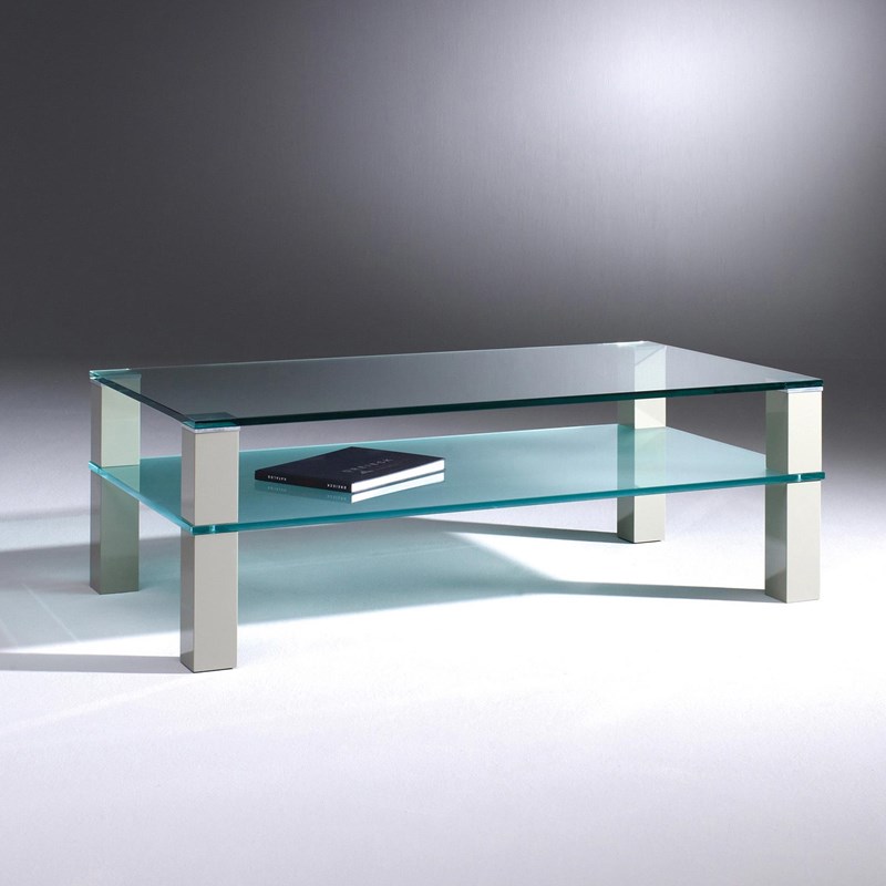 Glascouchtisch mit Holzfüßen REMUS double von DREIECK DESIGN: RM d 3745 - FLOATGLAS - Zwischenplatte satiniert - Tischfüße betongrau