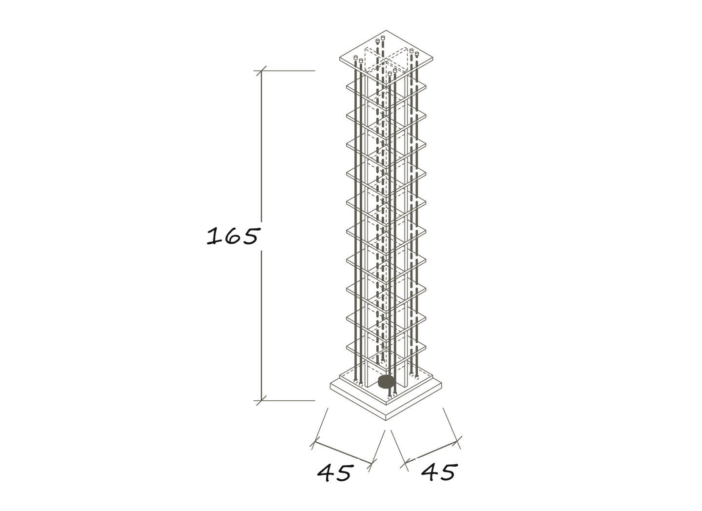 Freigestellte Maßskizze CD 616: 45 × 45 × 165 cm