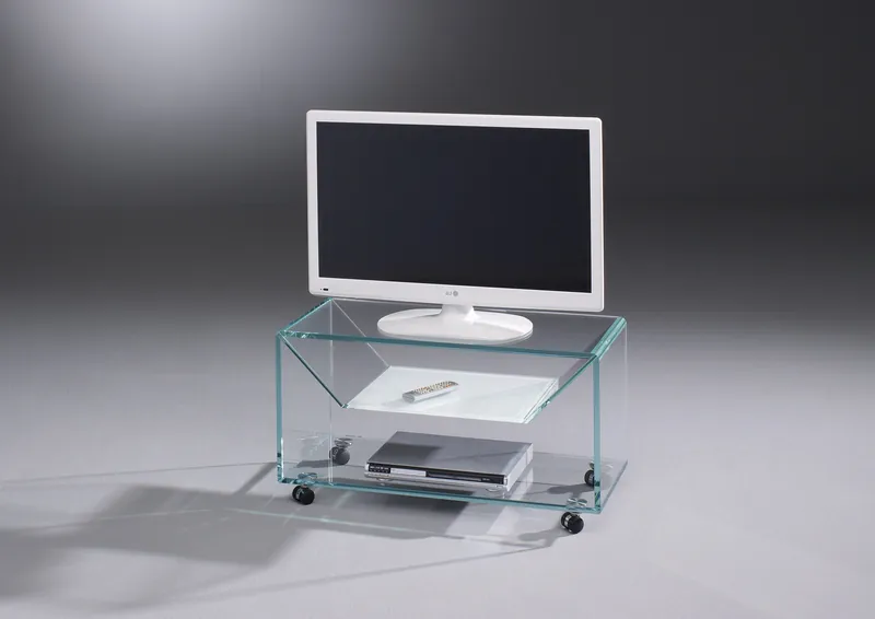BRIDGE 84 glass TV trolley by DREIECK DESIGN · clear Optiwhite · Color Pure white shelf