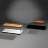 Rollbarer Glascouchtisch mit Holztablett SERVA von DREIECK DESIGN: TRAY 100 - Optiwhite - color reinweiss - zwei abnehmbare Tabletts Eiche + color tiefschwarz - abnehmbares Tablett Nussbaum 
