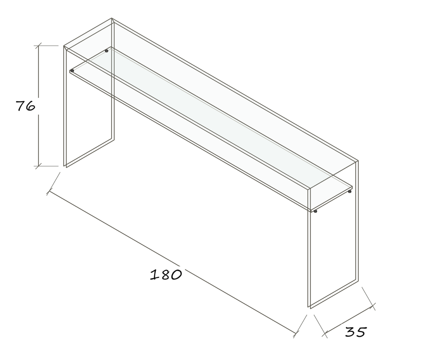 Isolated dimension drawing ARCADIA MAGNUM 180 x 35 x 76 · With Shelf · Dimensions in cm