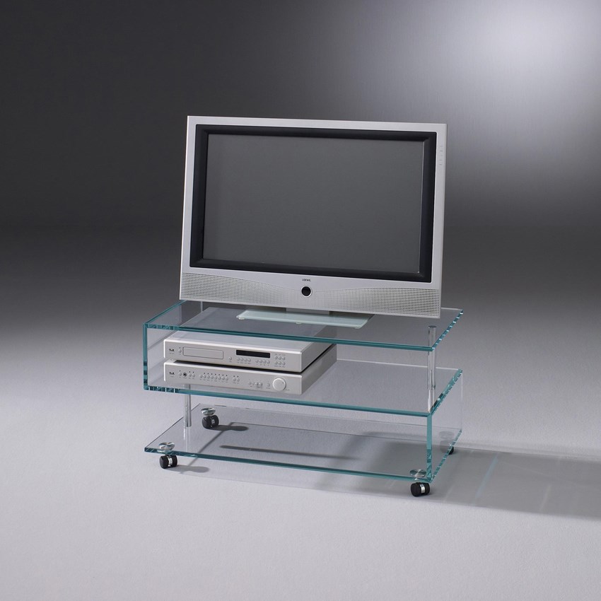 Moderner Glas-Fernsehwagen JANUS X mit Rollen von DREIECK DESIGN