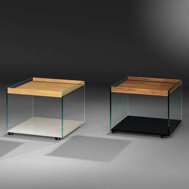 Glass side table with TRAY: 60 OPTWHITE partial pearl white - tray OAK + 60 FLOATGLASS partial jet black - tray WALNUT