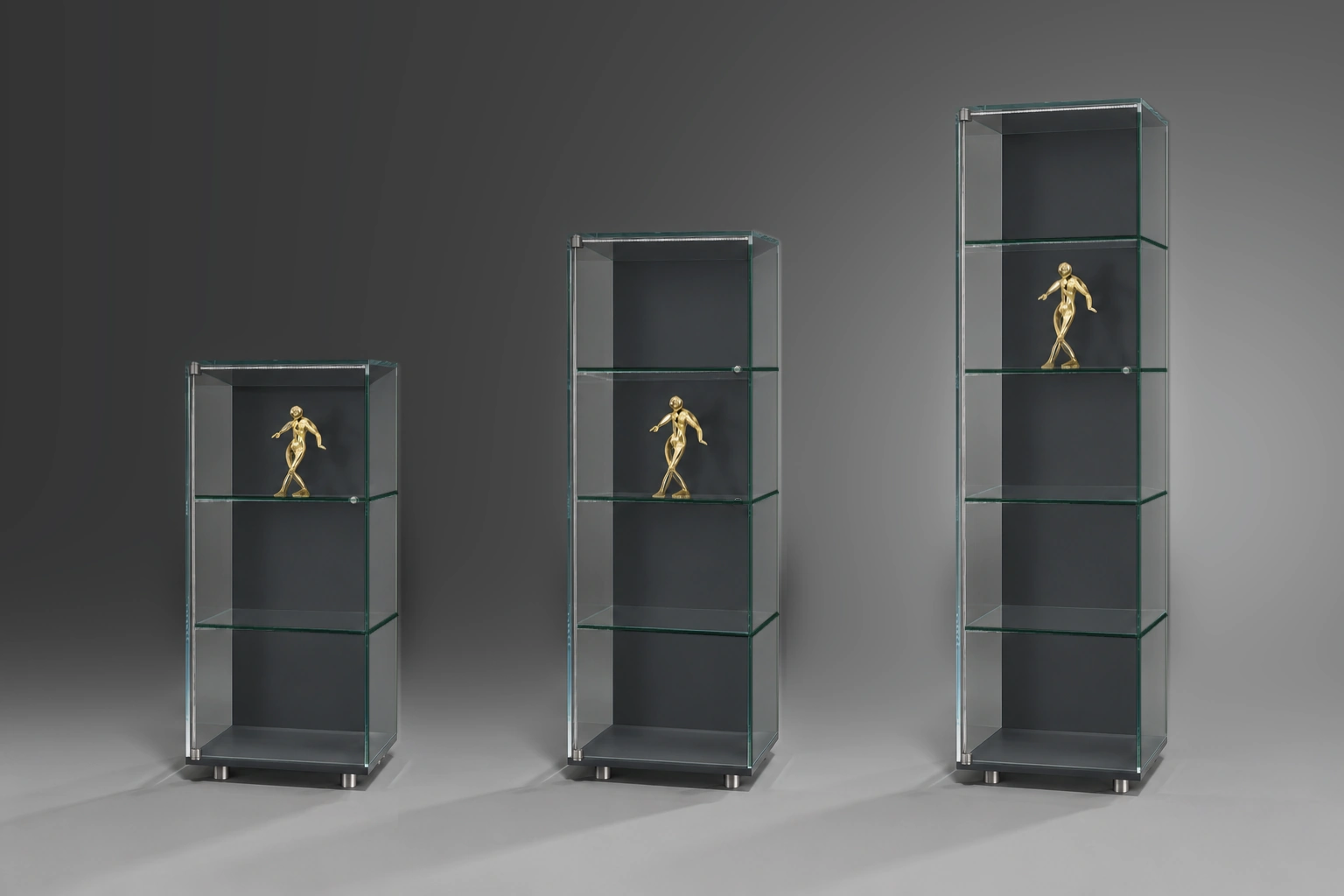 SOLUS LED LINE · Floatglas · Back and base in anthracite grey Samtcolor · Three heights at the same scale · Material illustration