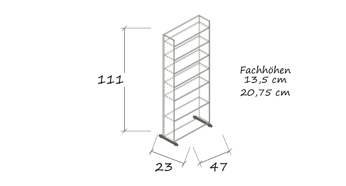 Freigestellte Maßskizze DC 280 T: 47 × 23 × 111 cm · Fachhöhen: 13,5 / 20,75 cm