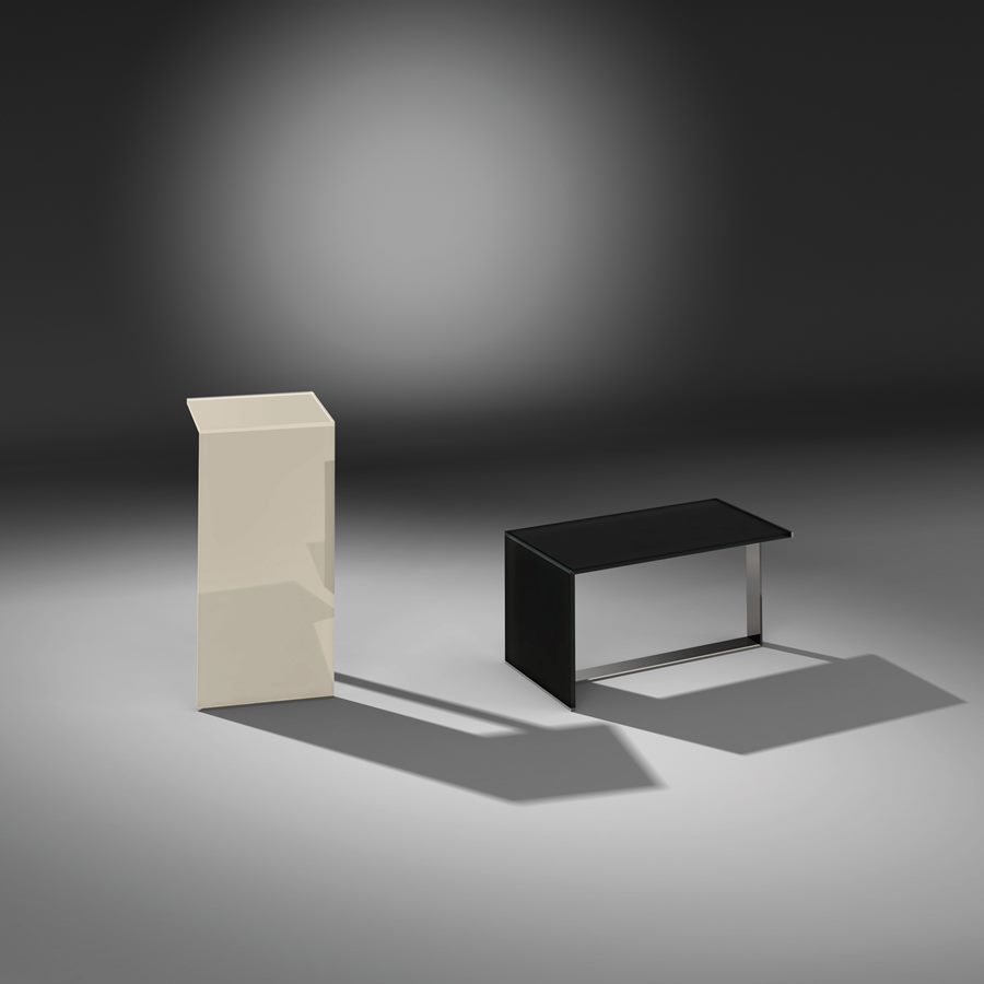 DAVIS SOLO in the photographed silk grey and jet black glass versions with stainless steel bases