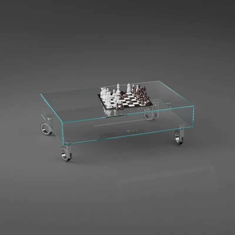 Rollbarer Couchtisch KATO R von DREIECK DESIGN - 100 x 60 x 36,5 cm - Optiwhite klar - Rollen Chrom