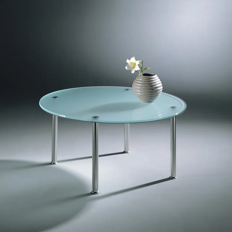 SIRIUS S 1040 round glass coffee table by DREIECK DESIGN · Satin-finished Floatglas · C-profile edge · Brushed stainless steel legs