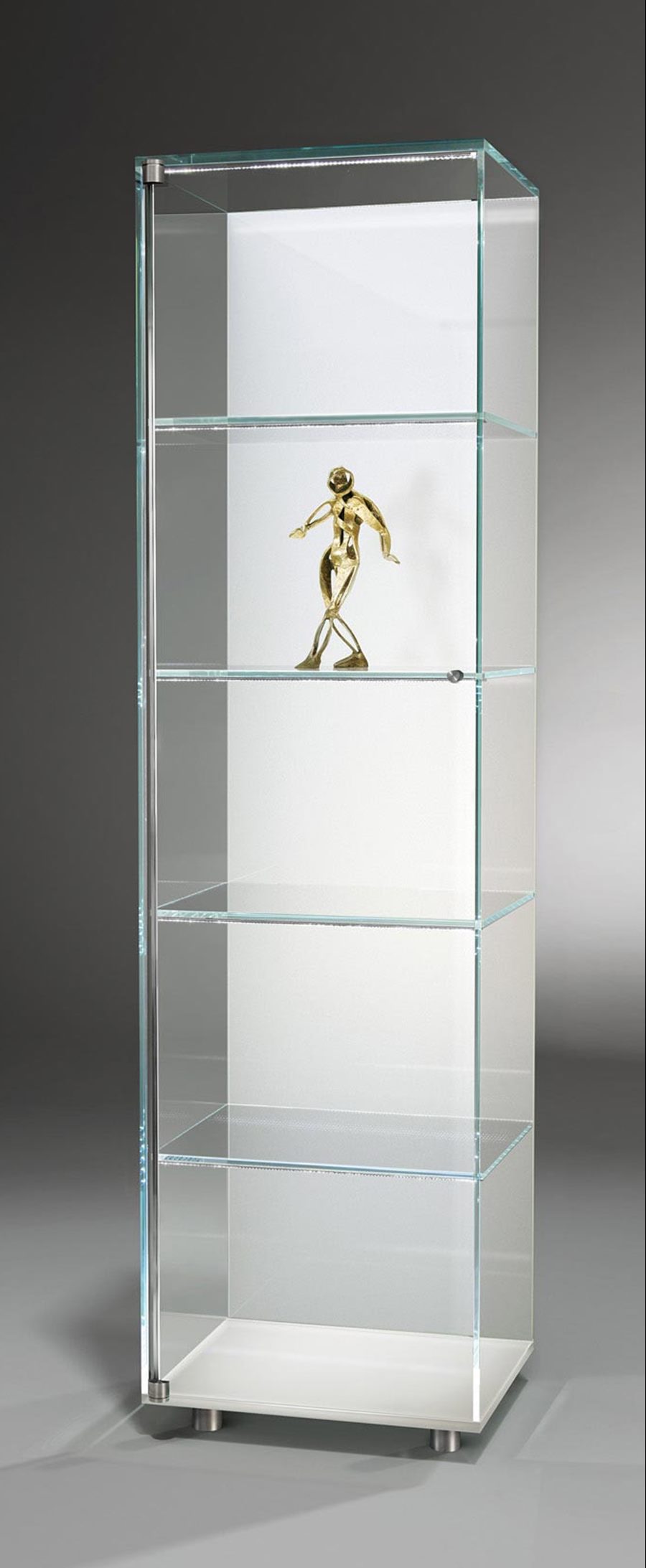 SOLUS LED LINE glass cabinet with a white rear panel and shelf lighting