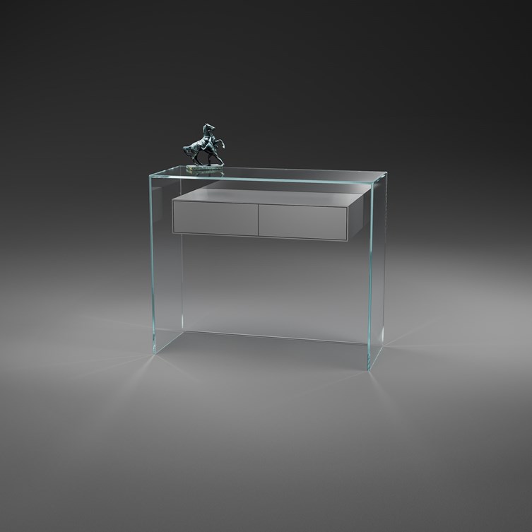 Designer Glaskonsole mit Holzschublade FLY von DREIECK DESIGN