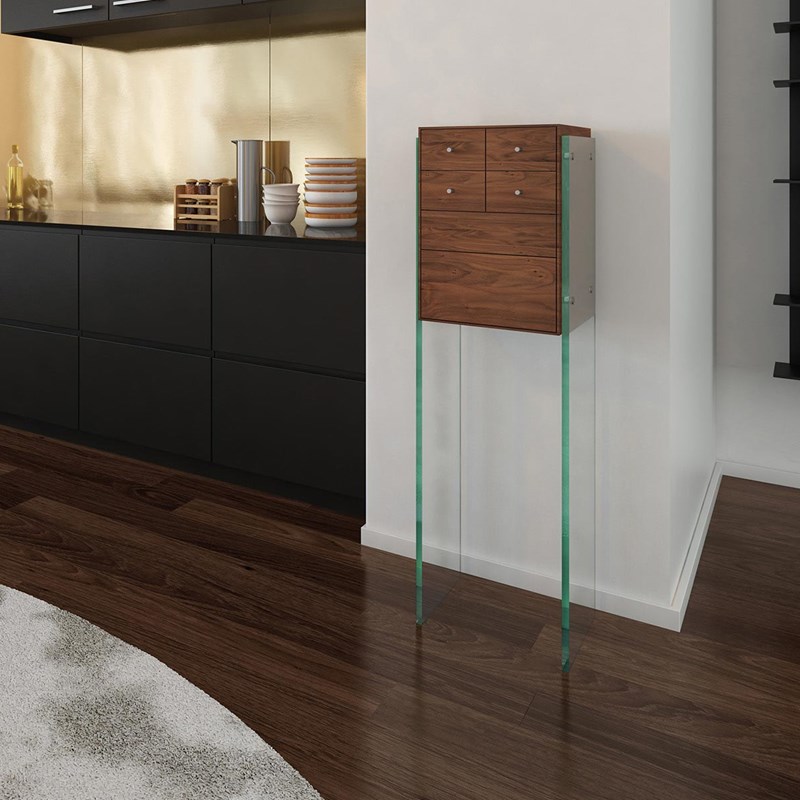 Solid wood console FLAIR 39 by DREIECK DESIGN: Glass OPTIWHITE + solid wood walnut