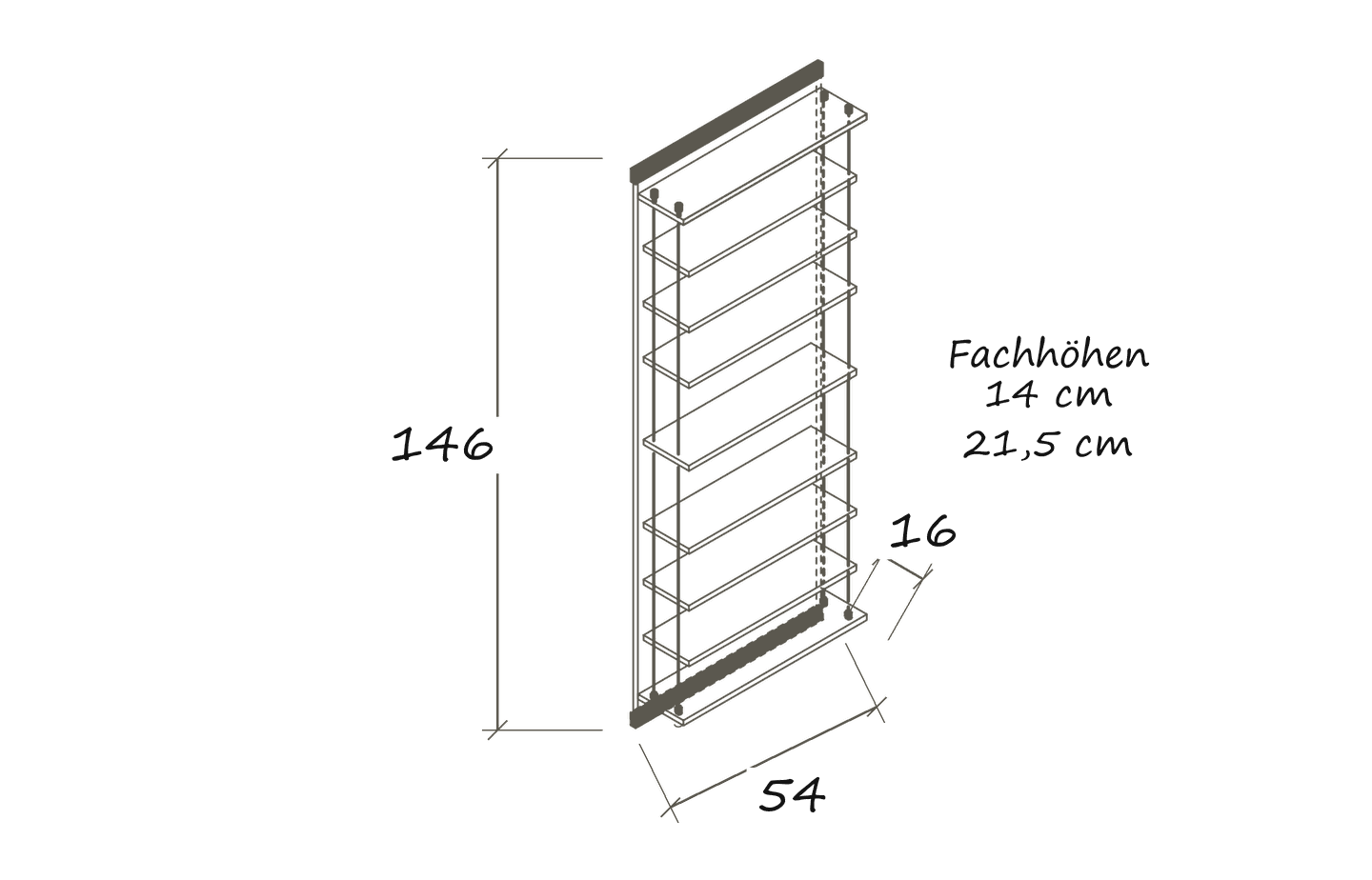 Isolated dimension drawing CD 384: 54 × 16 × 146 cm · Clear compartment heights: 14 / 21.5 cm