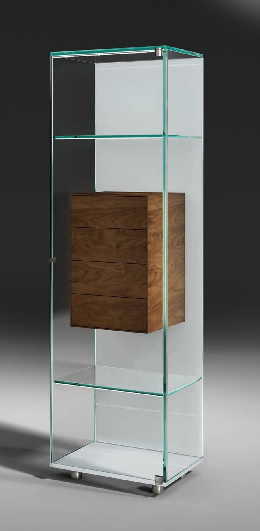 SOLUS FLY glass display cabinet with a walnut drawer element