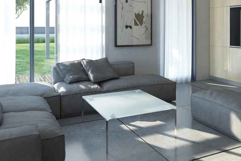 Glascouchtisch FILIO von DREIECK DESIGN: FI 9936 - OPTIWHITE satiniert - Tischfüße Edelstahl gebürstet