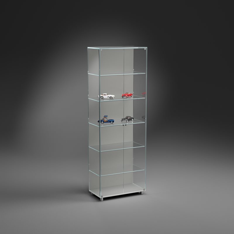 SOLUS XL – Large Optiwhite glass display cabinet by DREIECK DESIGN with LED lighting, silk grey velvet color lacquered base and back panel