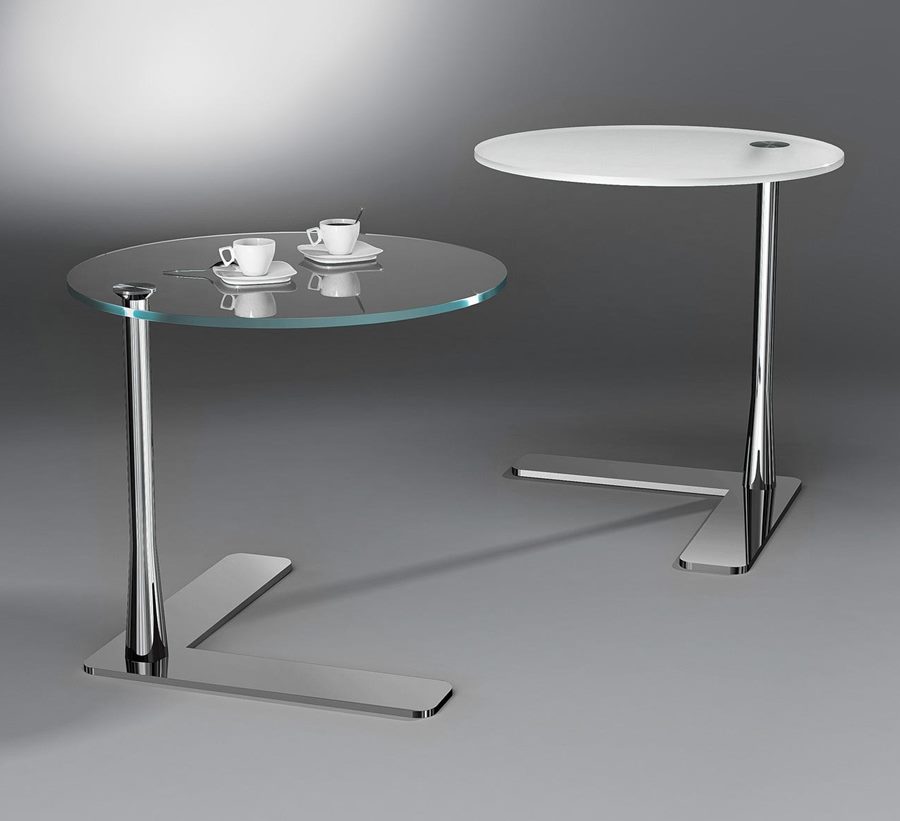 FADO with clear and satin-finished round glass tops and offset metal bases
