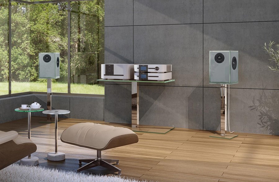 QEOS Audio Lautsprecher mit fenstergrauer Glasoberfläche