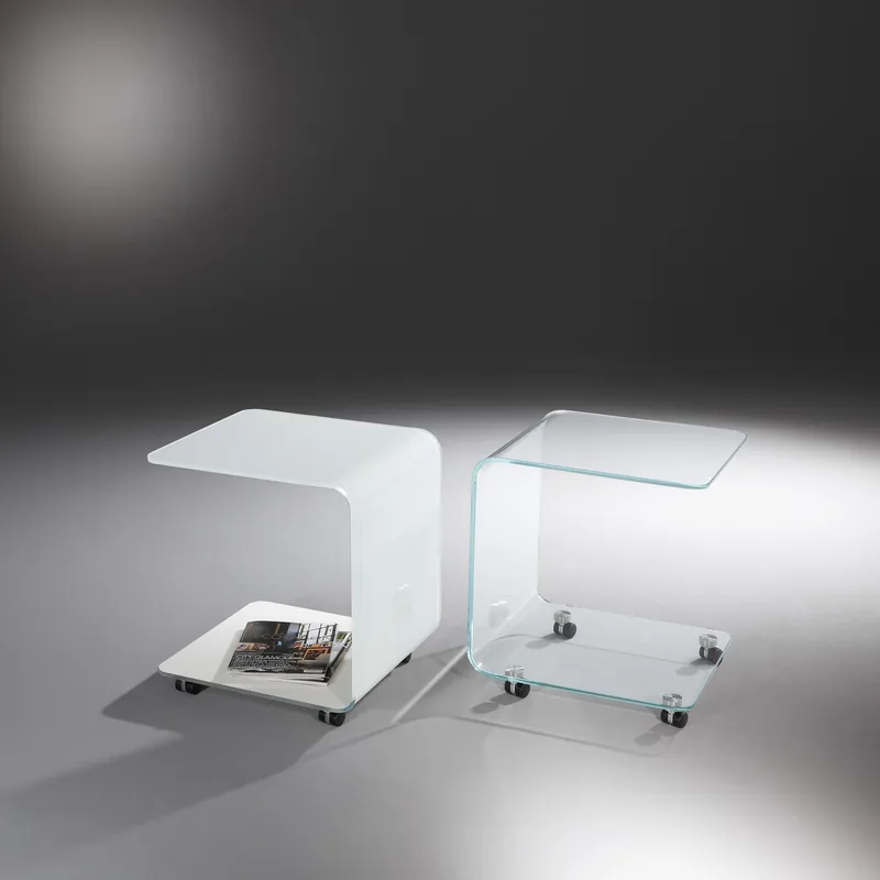 Gebogener Glasbeistelltisch ZABO: OPTIWHITE color reinweiss + OPTIWHITE klar