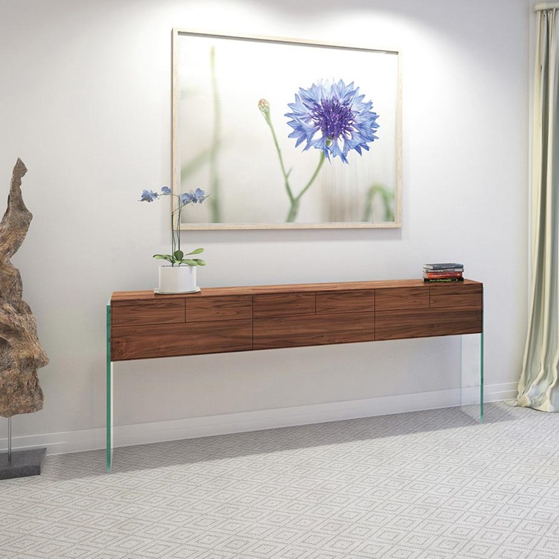 Solid wood console FLAIR 180 by DREIECK DESIGN: Glass OPTIWHITE + solid wood walnut