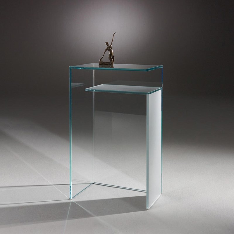 Glass console table L 54 by DREIECK DESIGN: OPTIWHITE clear + lower angle color grey aluminum