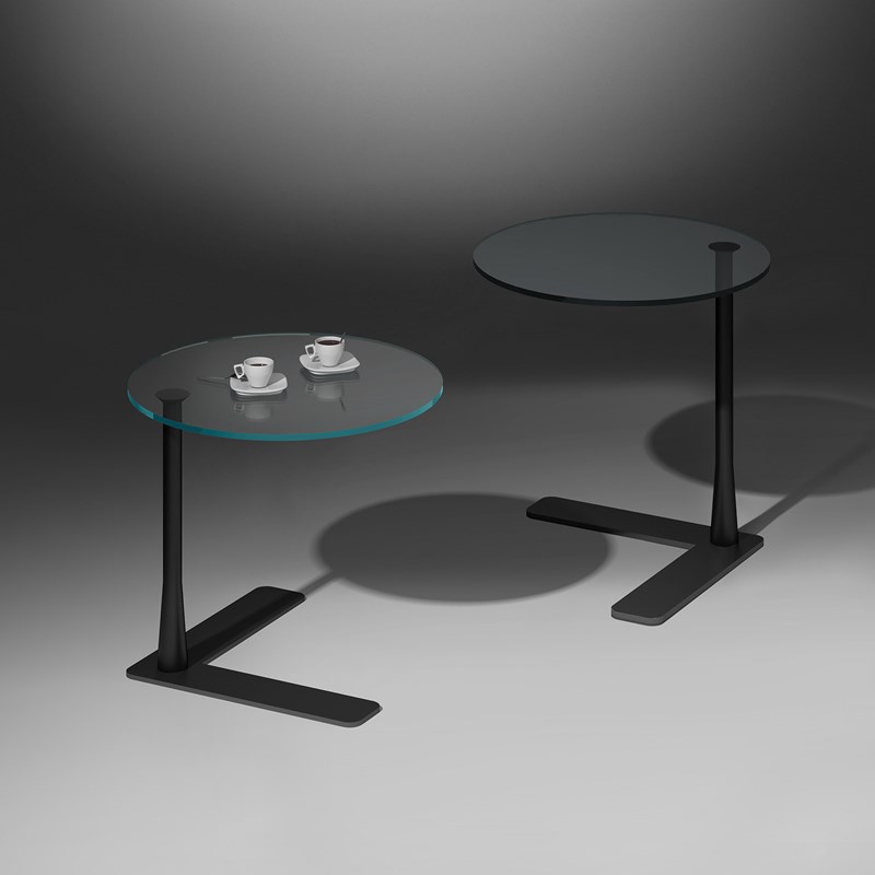 Glass side table FADO by DREIECK DESIGN: OPTIWHITE clear + parsol grey - base powder coated black