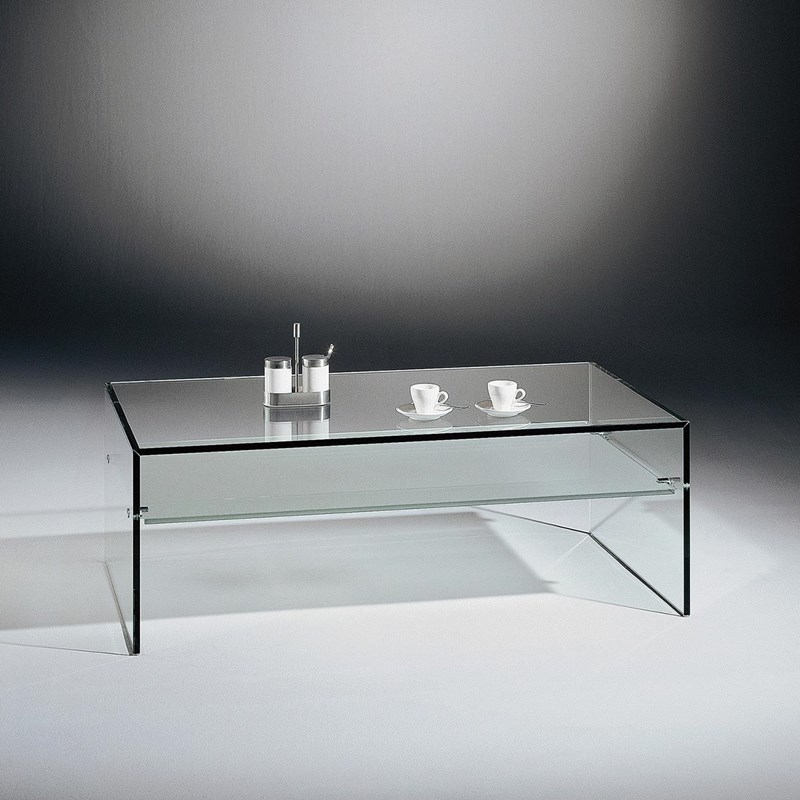 Glass coffee table ARCADIA by DREIECK DESIGN: ARCADIA 27 - FLOATGLASS - intermediate plate satinated - carriers gloss chrome