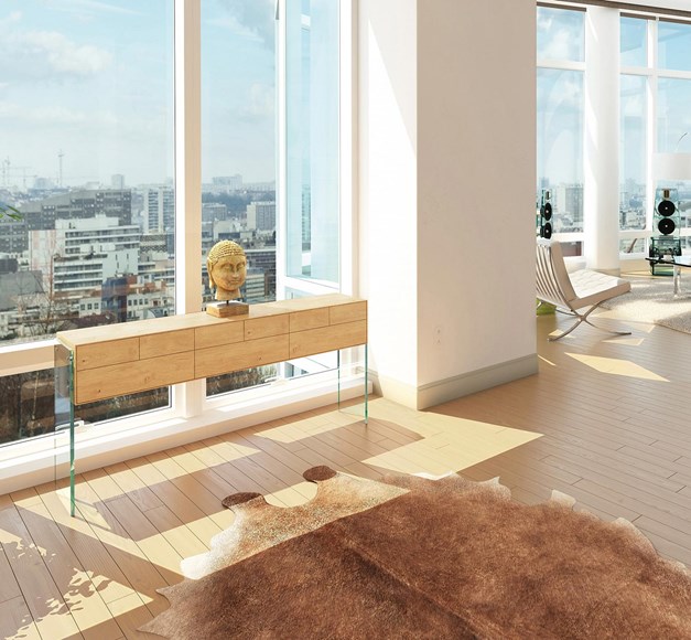 FLAIR Konsole aus Eiche und Glas in einer Wohnraumsituation