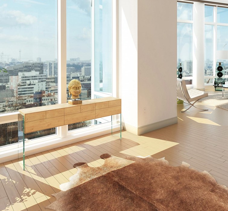 FLAIR Konsole mit Massivholzelement aus Eiche und transparenten Glaswangen im Wohnraum