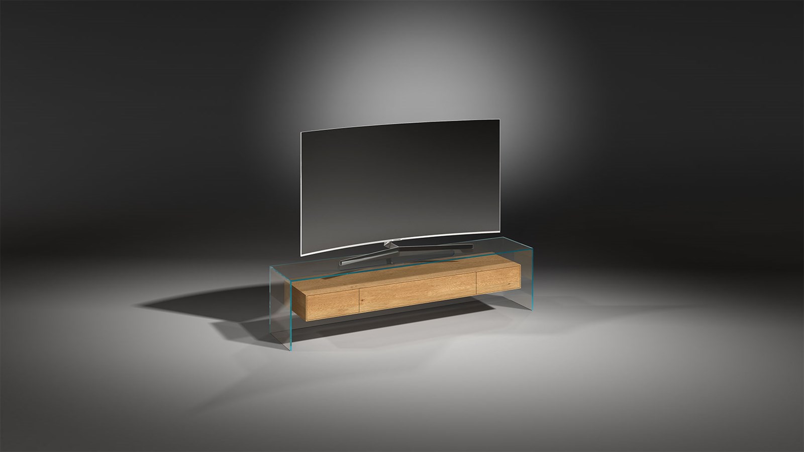 FLY TV-Möbel aus Glas mit Eiche-Schubladen und aufgestelltem Fernseher