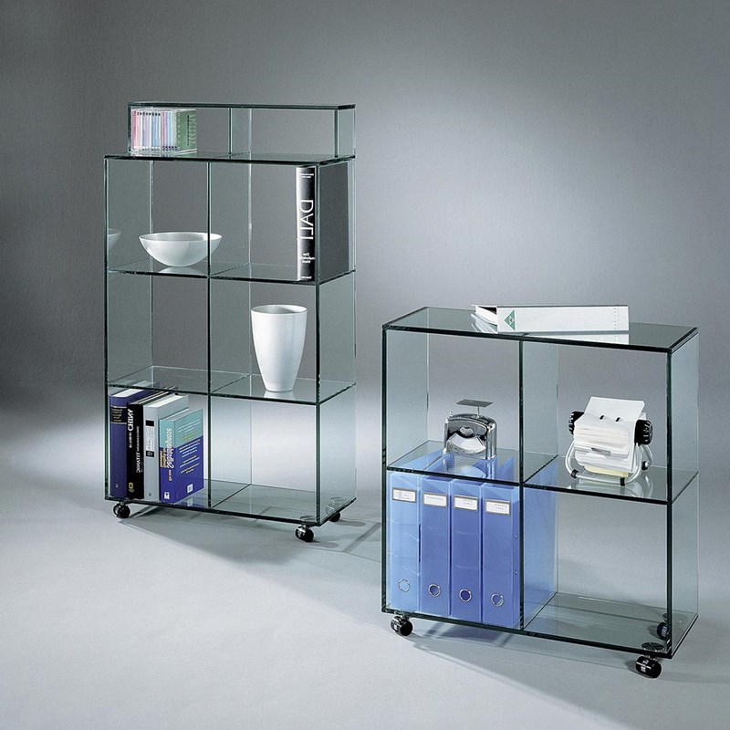 Glass shelf on wheels BOOKLINE by DREIECK DESIGN: BL 23 (incl. optional extension) + BL 22 - FLOATGLASS