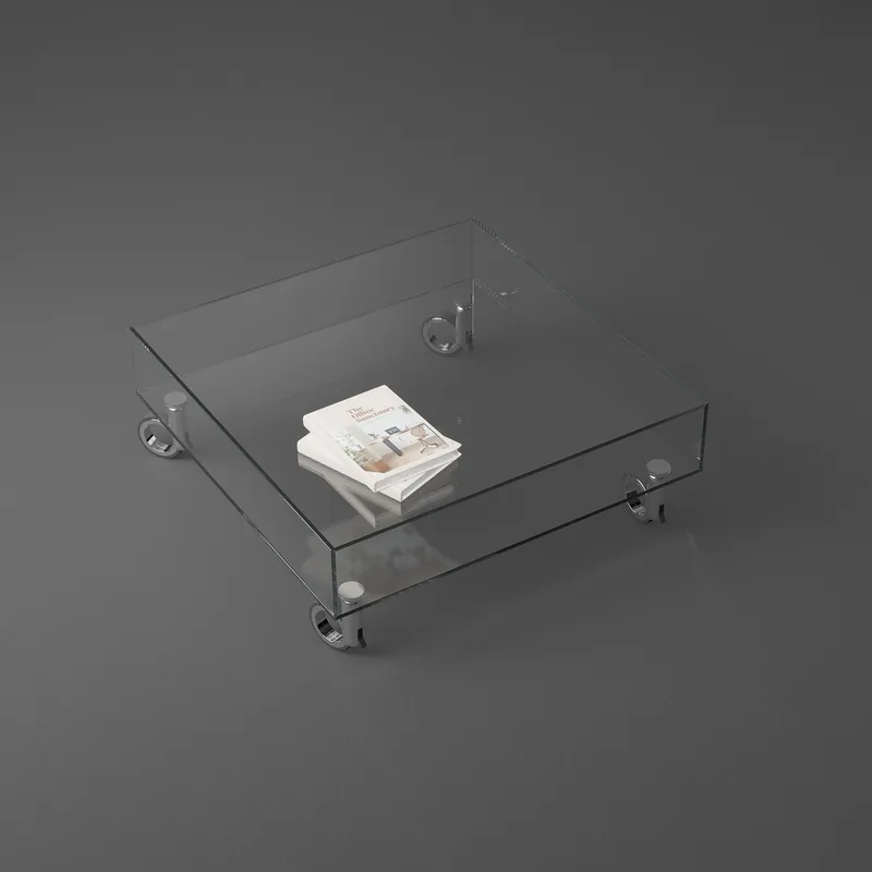Rollbarer Couchtisch KATO R von DREIECK DESIGN - 90 x 90 x 36,5 cm - Floatglas klar - Rollen Chrom