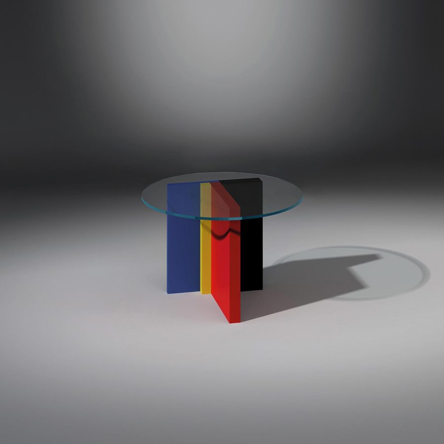Runder MONDRIAN mit klarer Glasplatte und farbig lackiertem MDF-Untergestell