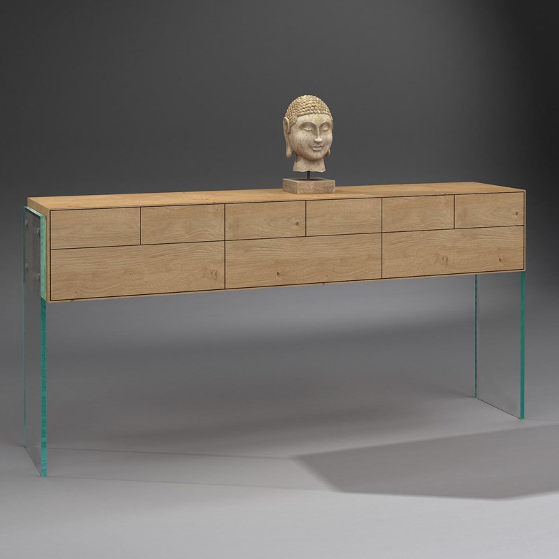 Solid wood console FLAIR 180 by DREIECK DESIGN: Glass OPTIWHITE + solid wood oak