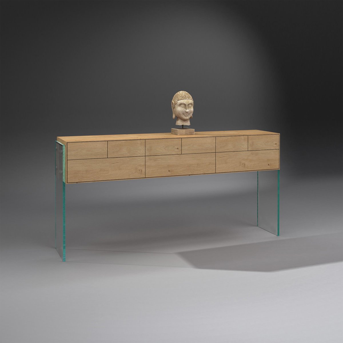Solid wood console FLAIR 180 by DREIECK DESIGN: Glass OPTIWHITE + solid wood oak