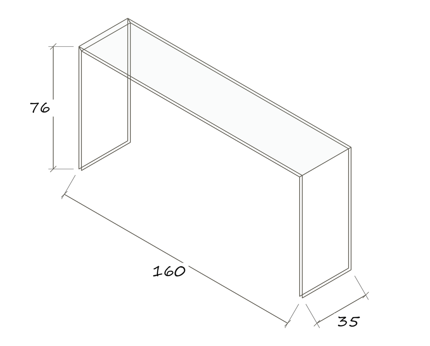Isolated dimension drawing ARCADIA MAGNUM 160 x 35 x 76 · without a shelf · Dimensions in cm