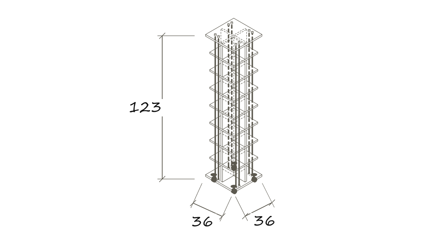 Freigestellte Maßskizze CD 448: 36 × 36 × 123 cm