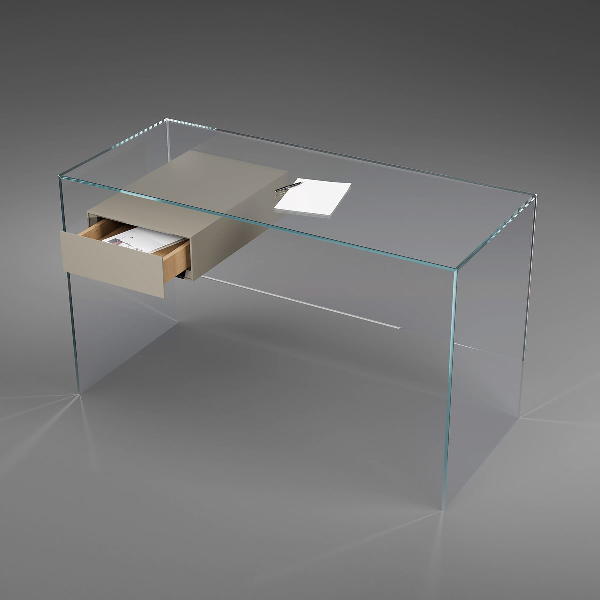 FLY glass desk with an integrated drawer